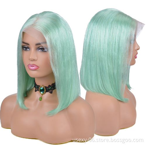 Green Lace Front Human Hair Wig Virgin Brazilian Hair Short Colored Straight Pre Plucked Lace Front Wigs
